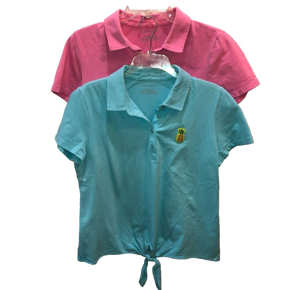 2 Talbots Womens Medium Blue Pink Short Sleeve Front Knot Polo Shirts Size M